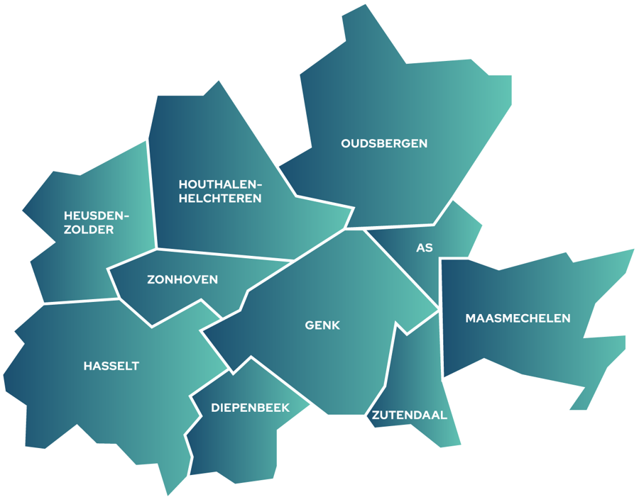 Kaart van het werkgebied: Genk, Hasselt, As, Zutendaal, Maasmechelen, Houthalen-Helchteren, Oudsbergen, Zonhoven, Diepenbeek, Heusden-Zolder